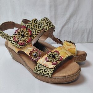 L'Artiste By Spring Step Radd Cork Wedge Sandals Women's Size 8.5 US Yellow Red